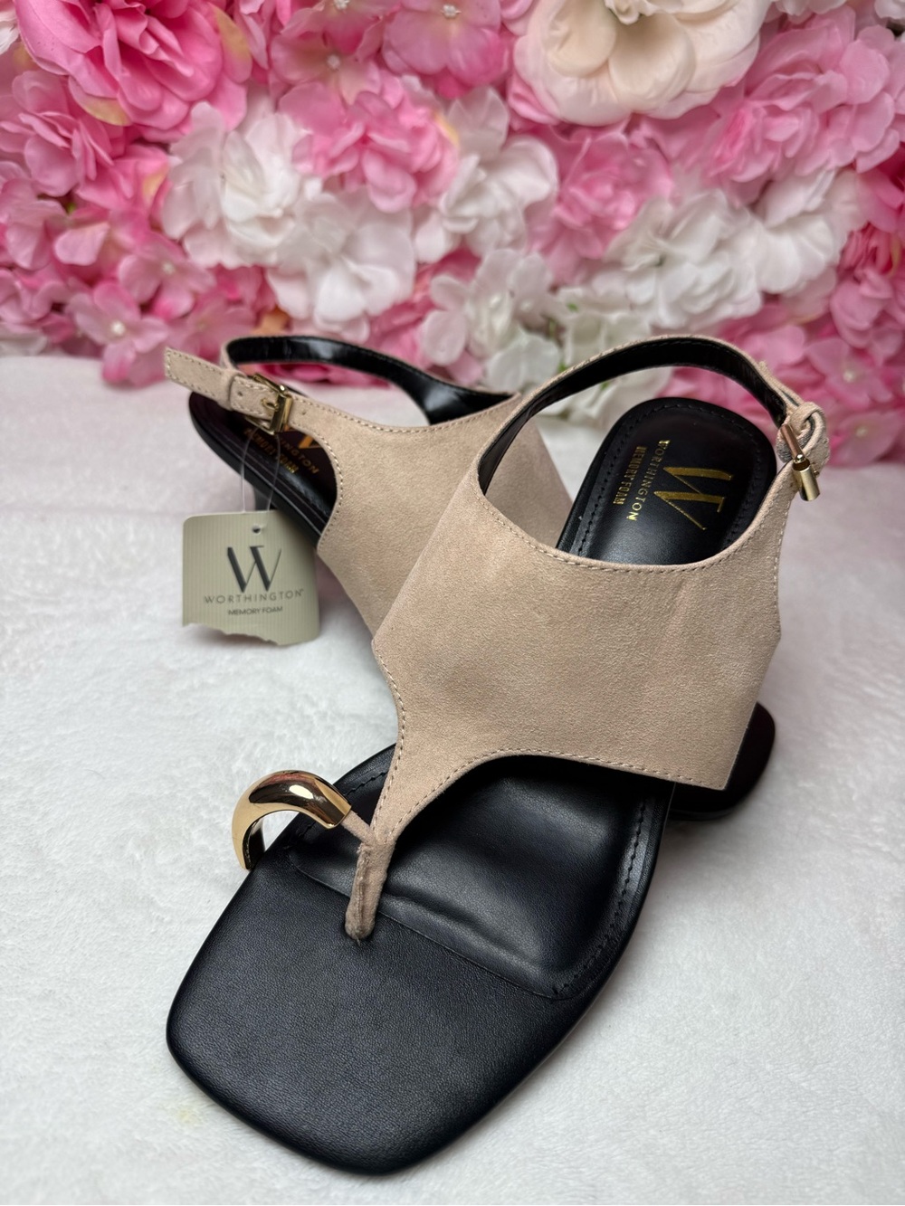 Worthington Beige Suede Toe-Ring Slingback Sandals with Gold Accent